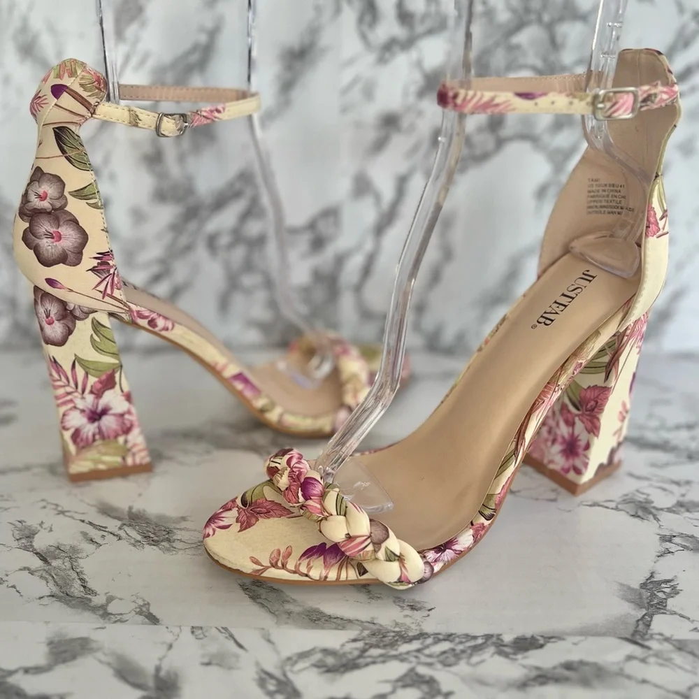 JustFab Tami Sandal Floral Yellow Ankle Strap Block Heel 10 Garden Cocktail
